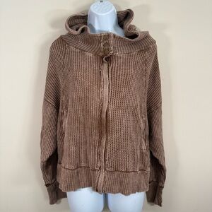 Zenana Women’s Zip Hoodie Sweatshirt Acid Mineral Wash Beige Waffle Texture L